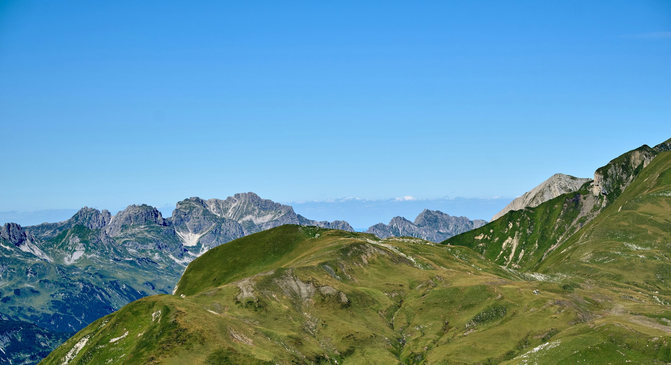 Grüne Almwiesen und Berghänge in der Arlberg-Region unter blauem Himmel